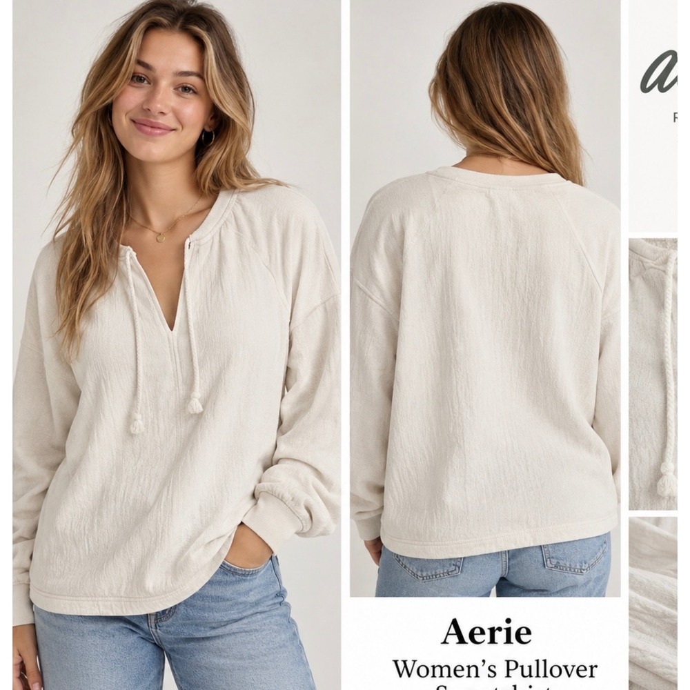 Aerie Womens Pullover Sweatshirt Cream Oatmeal Tassel V-Neck Textured Size M